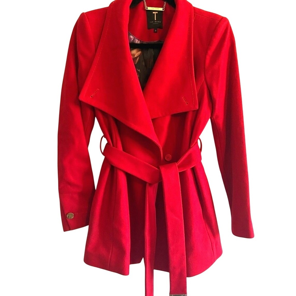 Ted Baker London Red Wool Cashmere Blend Belted Pea Coat Classic Chic Small